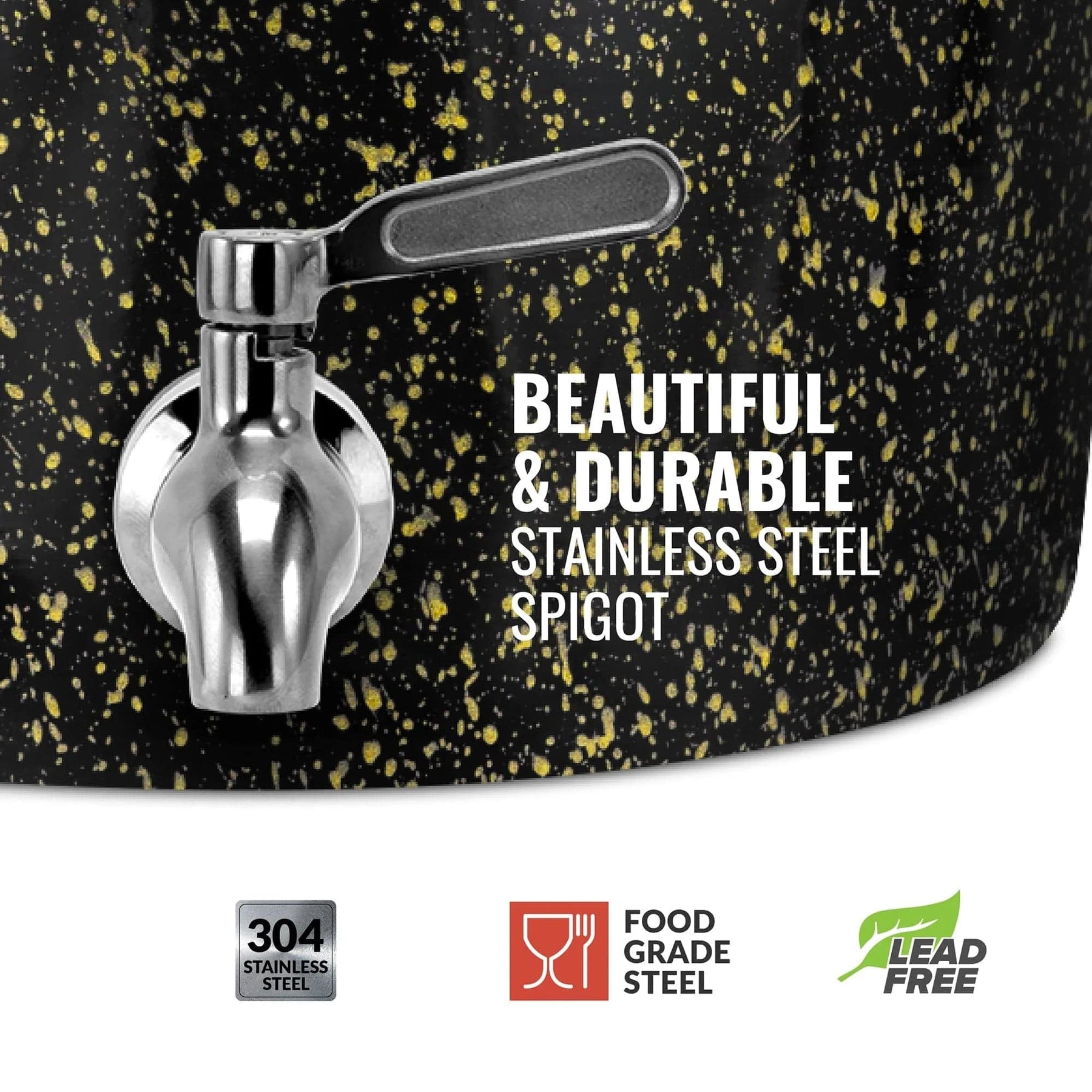 Close-up of the GEO Porcelain Ceramic Crock Water Dispenser in black with yellow speckles, featuring a beautiful and durable 304 stainless steel, food-grade, lead-free spigot—perfect for your 5-gallon water bottle holder or BPA-free dispenser.