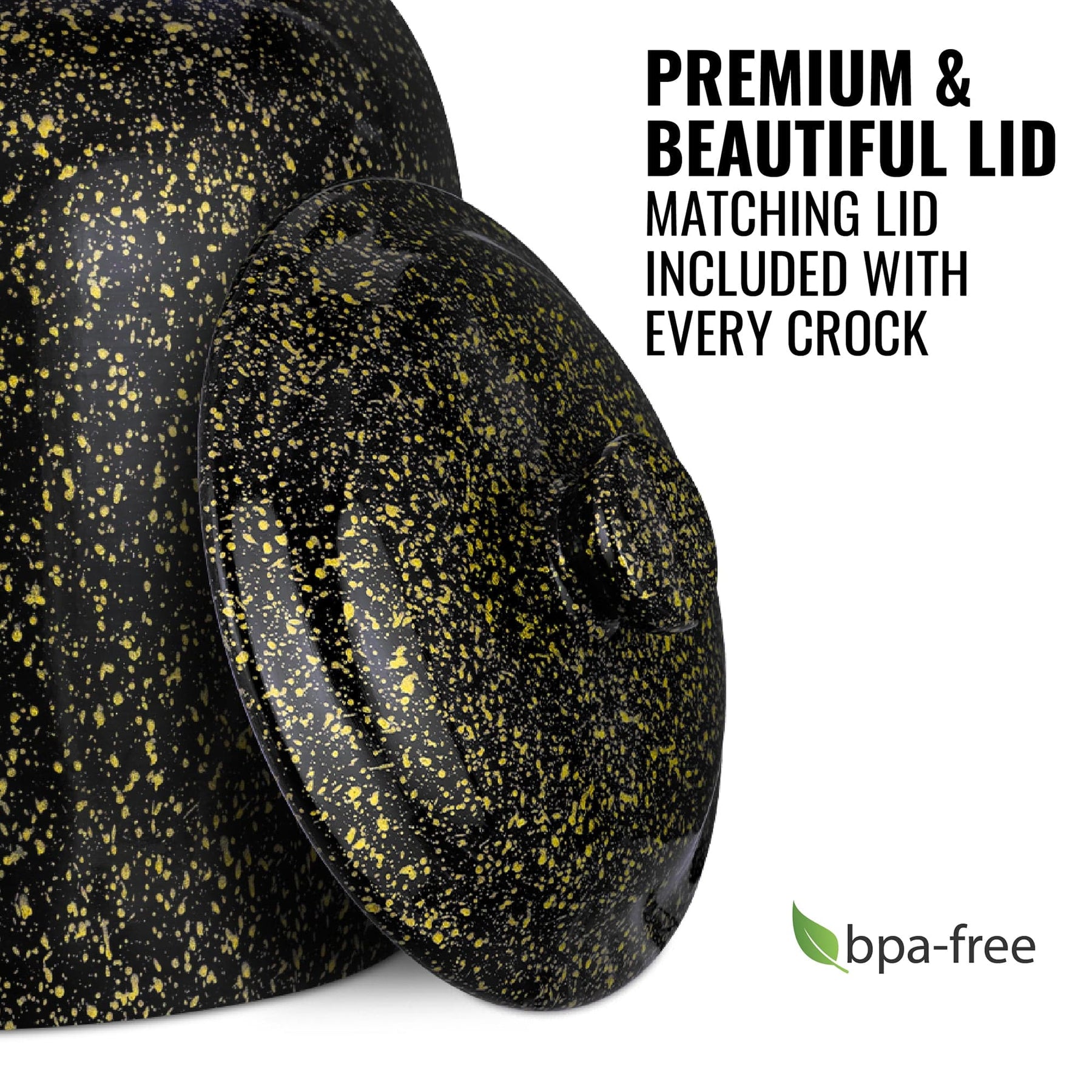 The GEO Porcelain Ceramic Crock Water Dispenser in black with yellow speckles is shown with its premium, matching lid. Every crock includes a BPA-free water dispenser lid. The BPA-free logo appears at bottom right.