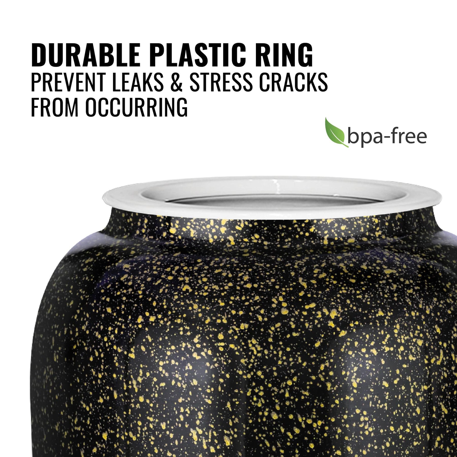 The GEO Porcelain Ceramic Crock Water Dispenser in black with yellow speckles is shown. It features a durable plastic rim that prevents leaks and cracks, plus a BPA-free label with a green leaf icon.