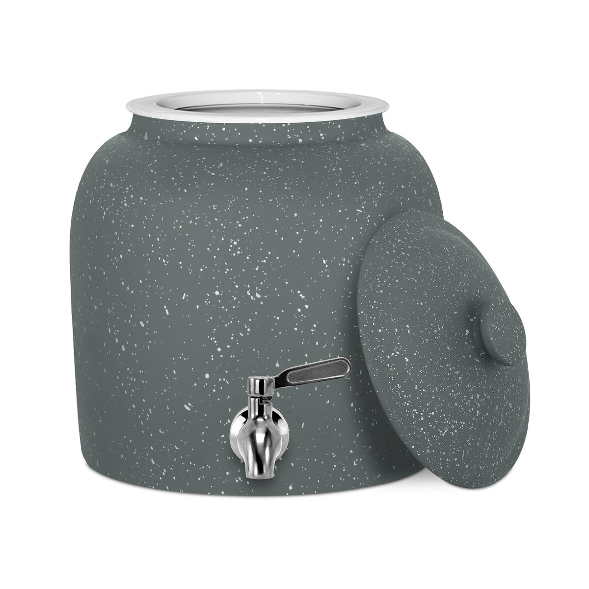 The GEO Porcelain Ceramic Crock Water Dispenser in dark gray speckled holds 5 gallons, includes a matching lid and metal spigot, is BPA-free, and has a wide top opening for easy refilling.