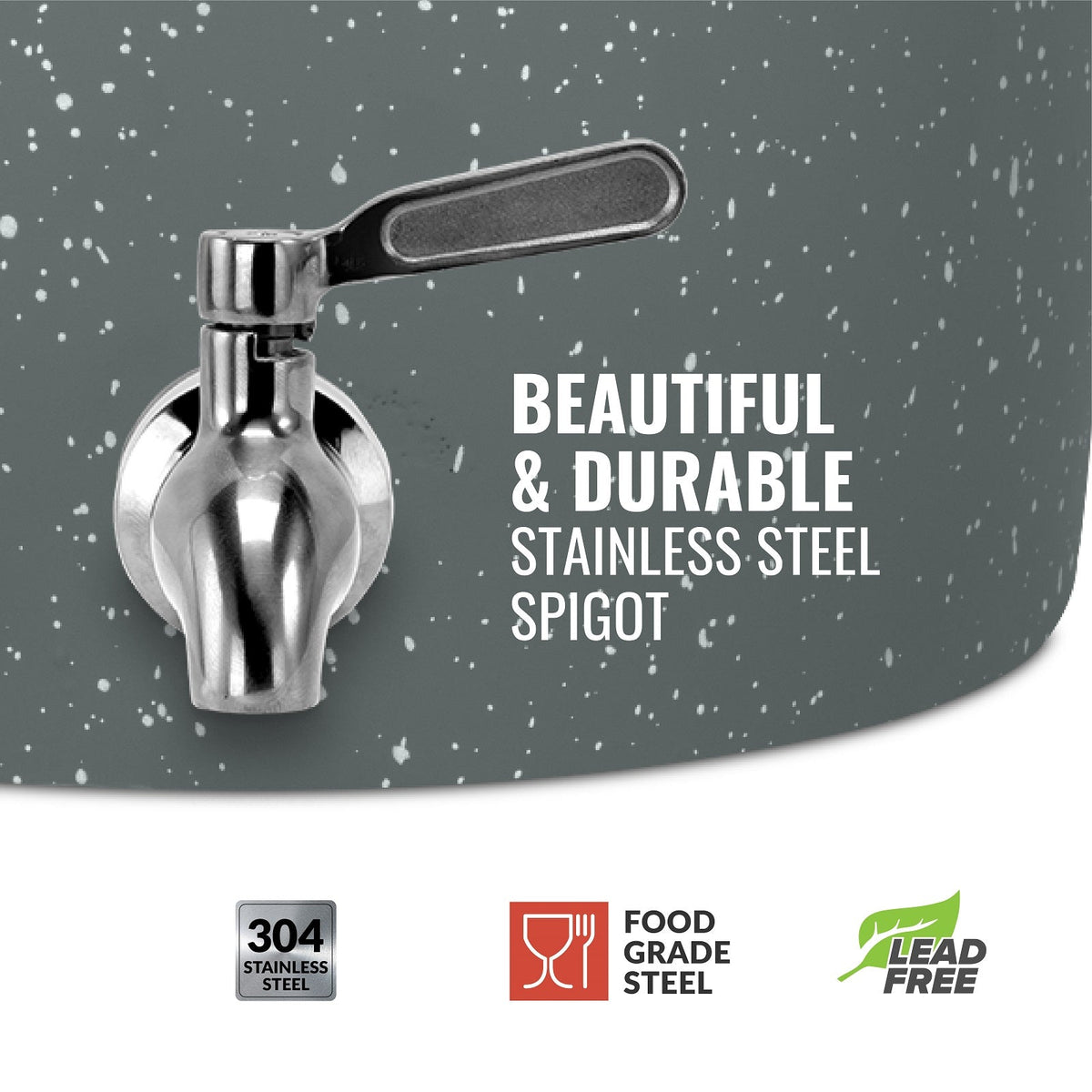 Close-up of a stainless steel spigot on the GEO Porcelain Ceramic Crock Water Dispenser - Dark Gray Speckled. Text highlights: Beautiful & Durable, stainless steel, BPA-free, food grade, and lead-free. Three icons represent these features.