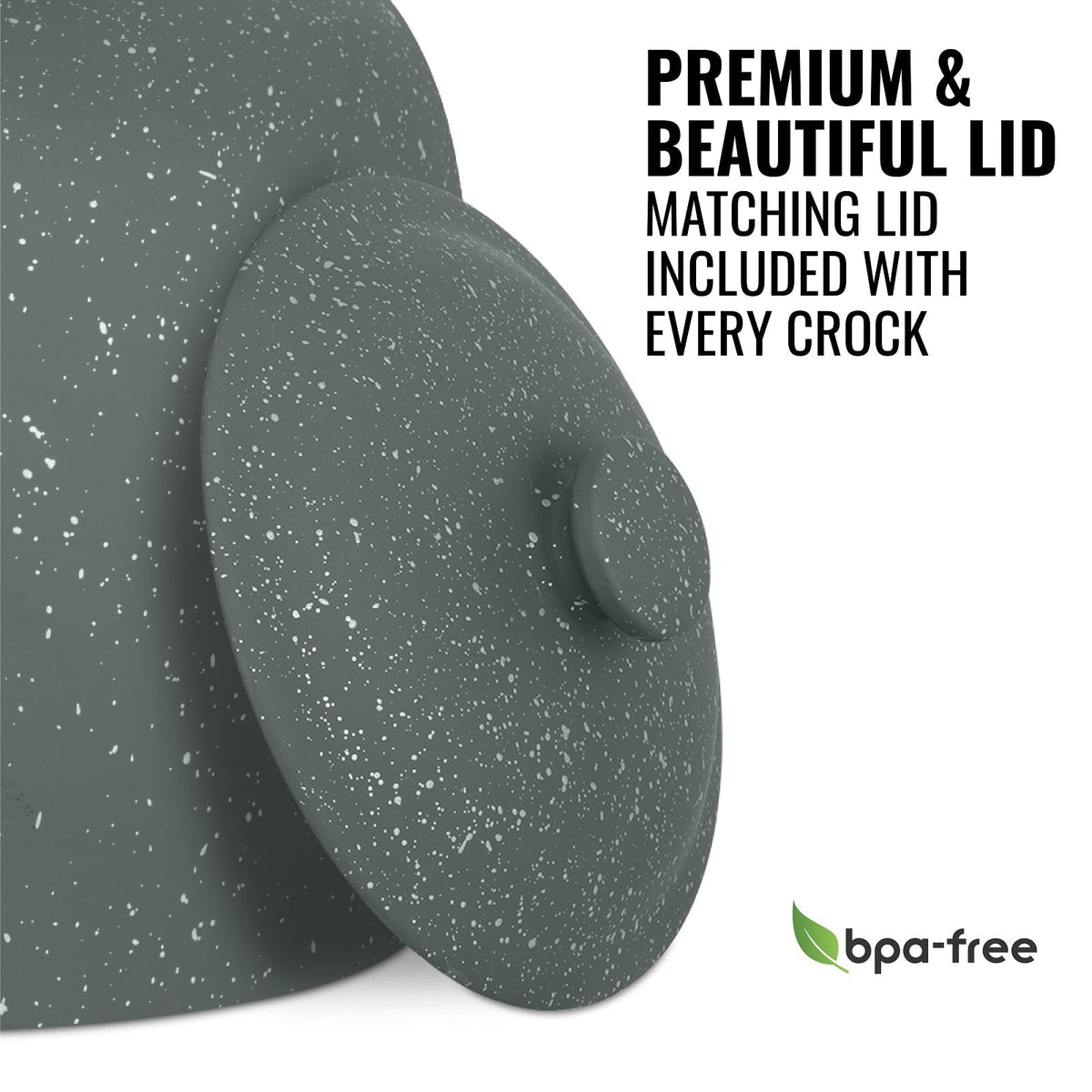 A close-up of the GEO Porcelain Ceramic Crock Water Dispenser lid in dark gray speckled, crafted from BPA-free materials and ideal for 5-gallon dispensers.