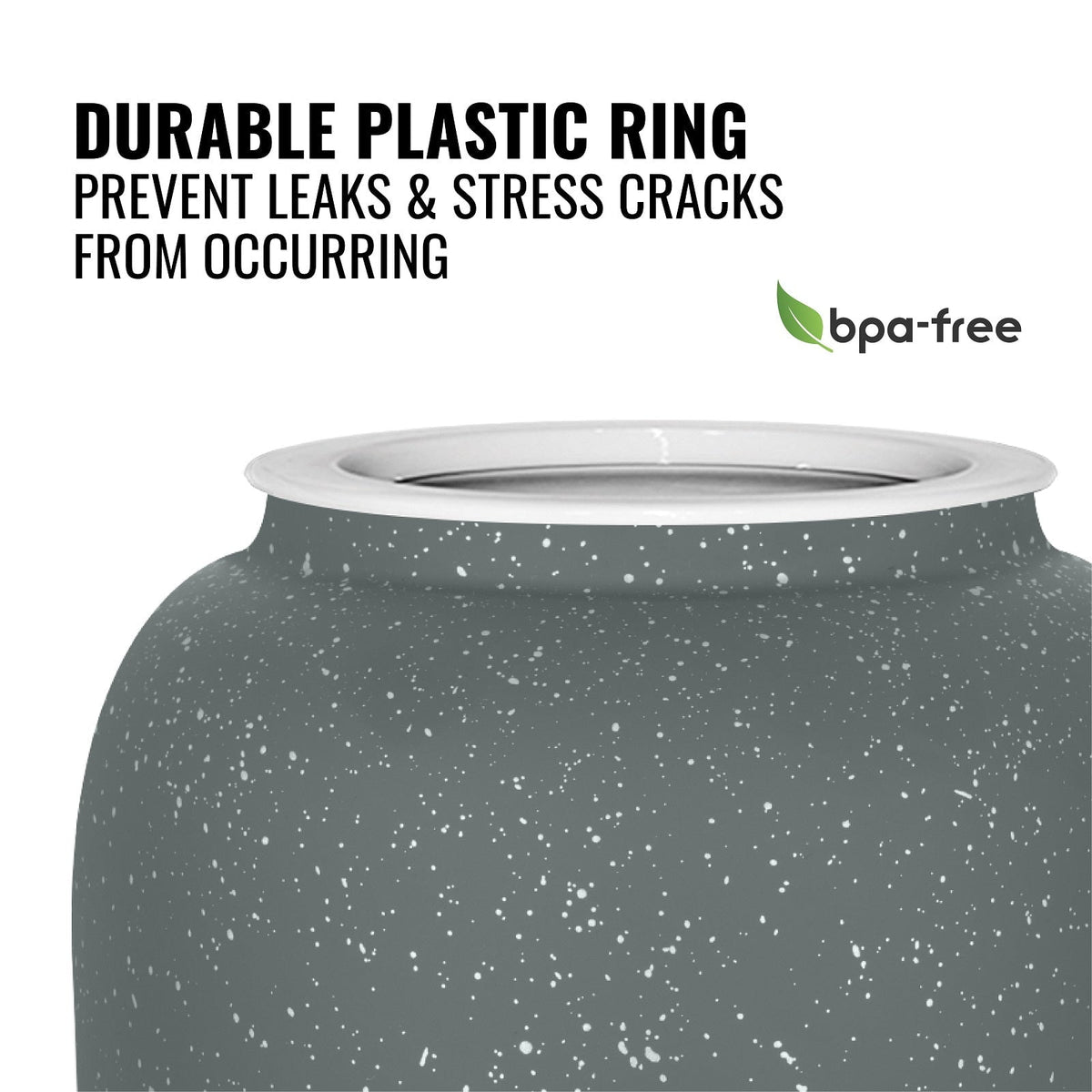 Close-up of the GEO Porcelain Ceramic Crock Water Dispenser in dark gray speckled, featuring a durable white plastic ring to prevent leaks and stress cracks. BPA-free logo and green leaf shown.