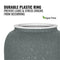Close-up of the GEO Porcelain Ceramic Crock Water Dispenser in dark gray speckled, featuring a durable white plastic ring to prevent leaks and stress cracks. BPA-free logo and green leaf shown.