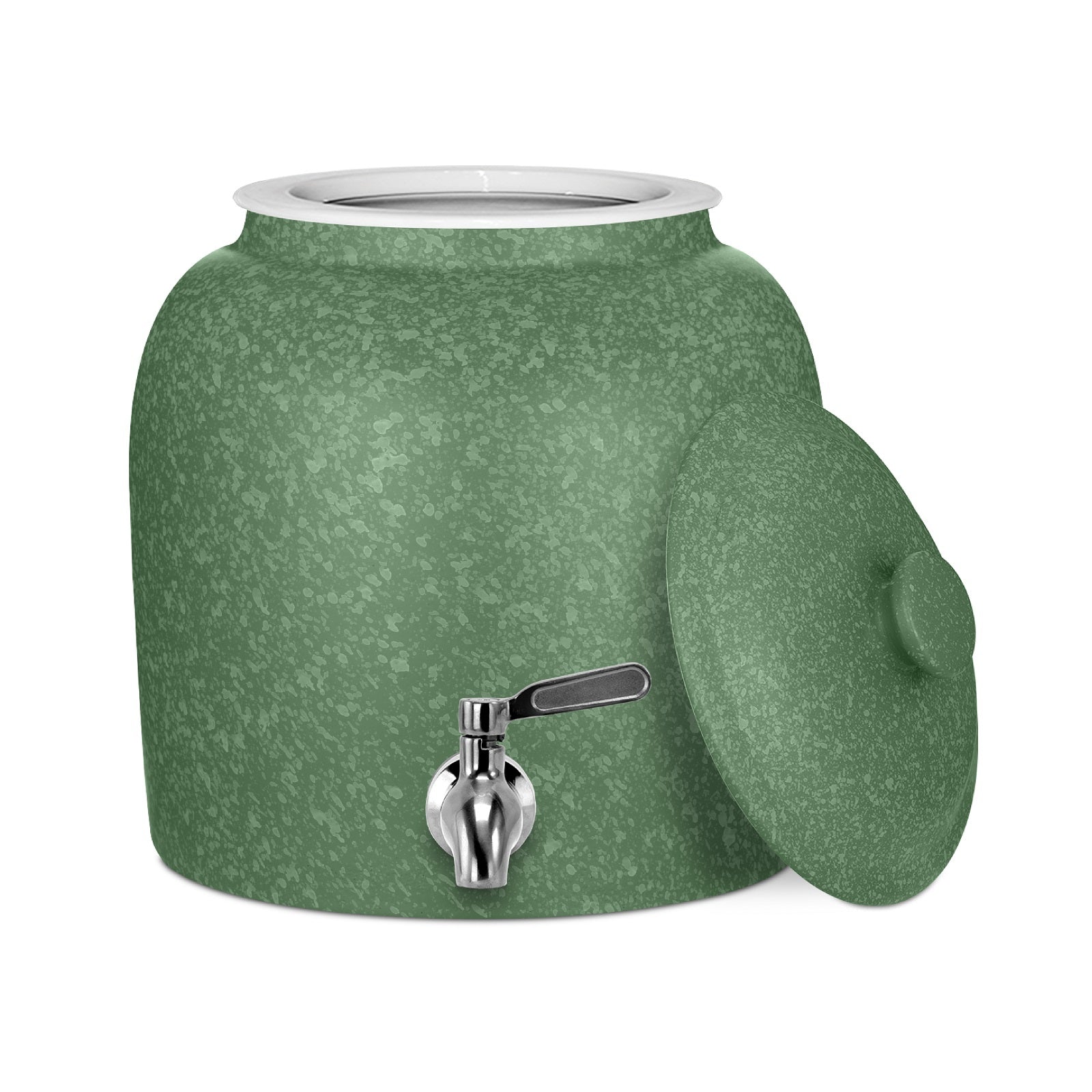 The GEO Porcelain Ceramic Crock Water Dispenser – Green Speckled features a white rim, silver spigot, BPA-free porcelain, and a matching lid resting at an angle beside the crock.