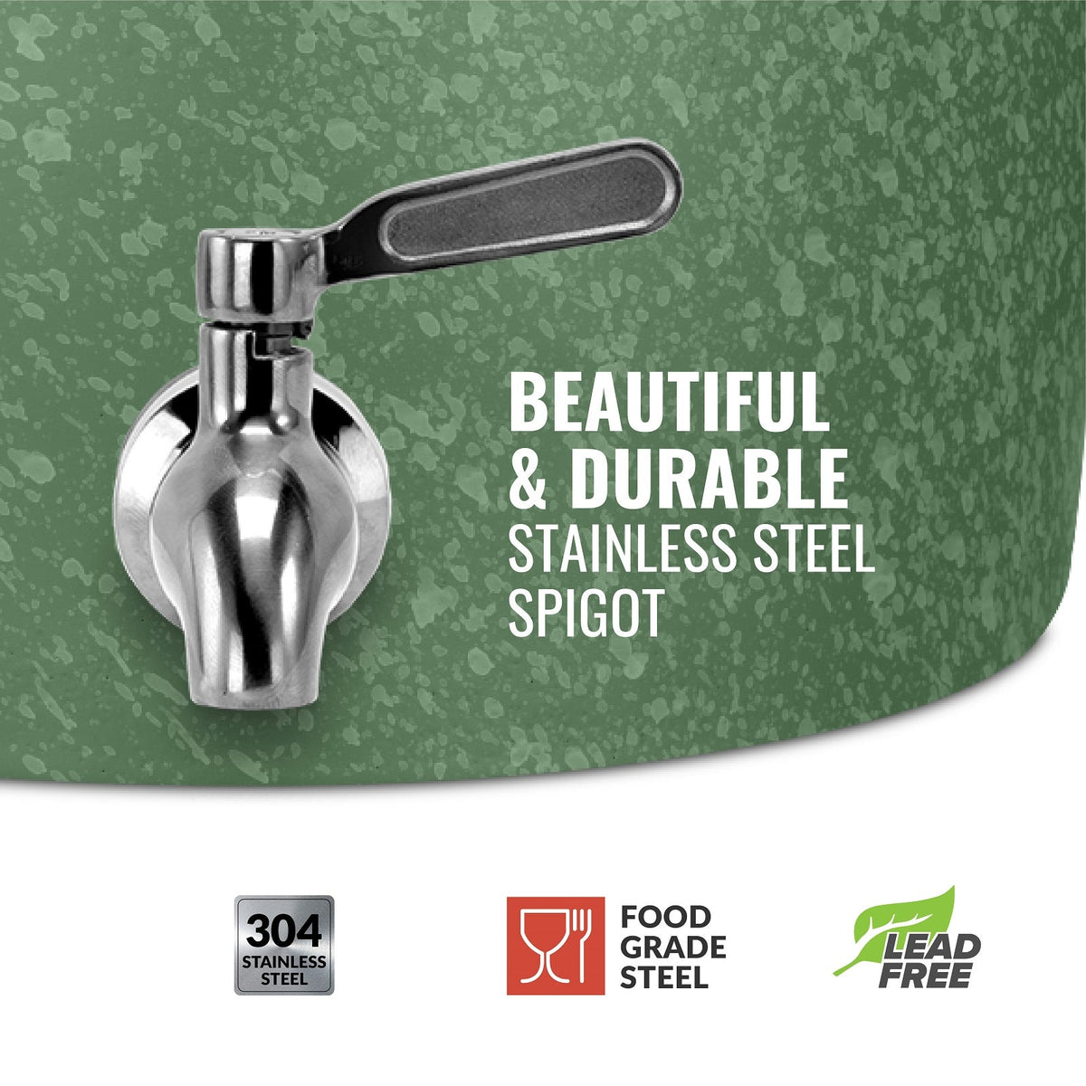 The GEO Porcelain Ceramic Crock Water Dispenser in Green Speckled features a beautiful, durable 304 stainless steel spigot. Icons highlight its BPA-free, lead-free, food-grade materials for safe and stylish hydration.