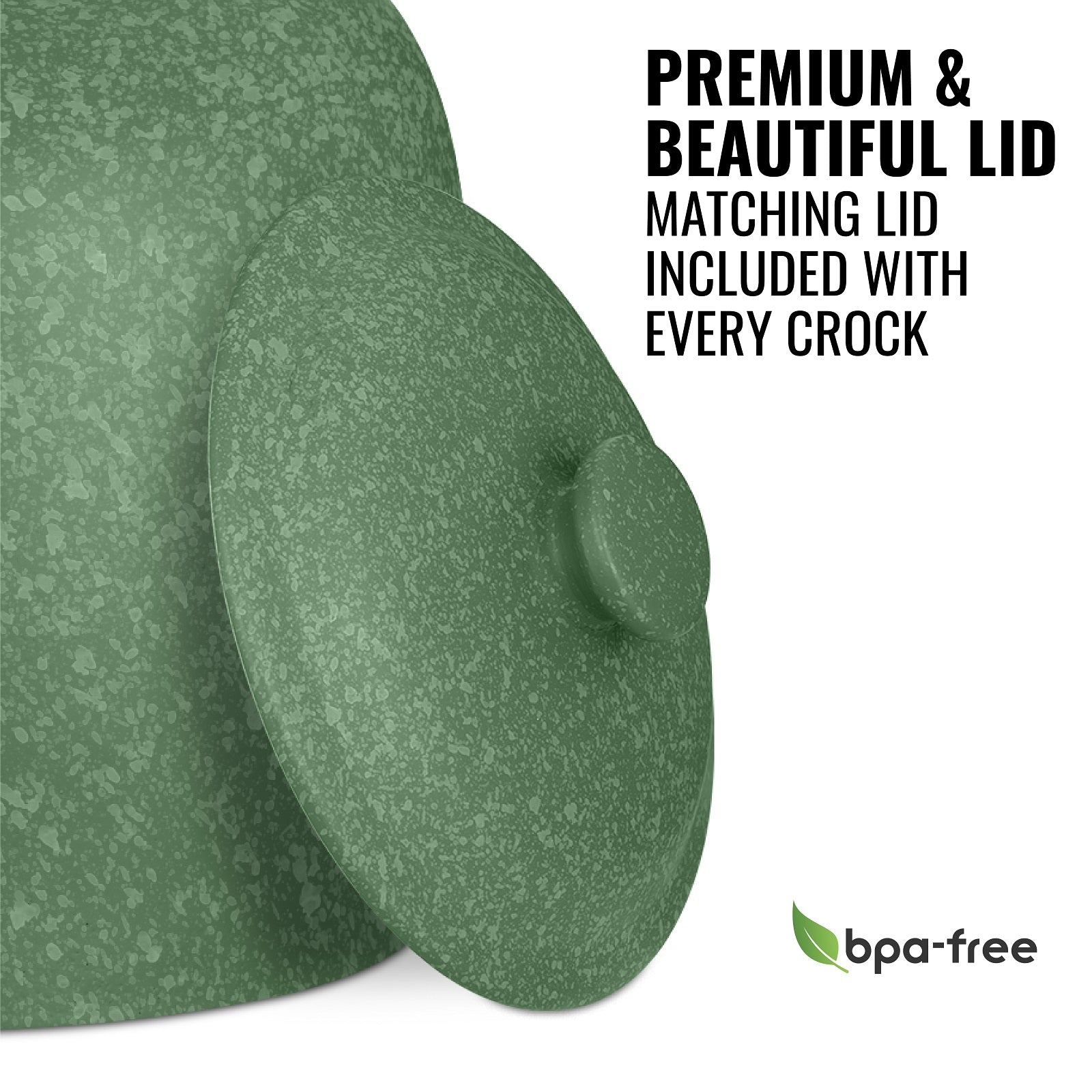 Close-up of the GEO Porcelain Ceramic Crock Water Dispenser in green speckle with its matching lid. Text: Premium & Beautiful Lid. Matching BPA-free lid included. A BPA-free label with leaf icon appears bottom right.