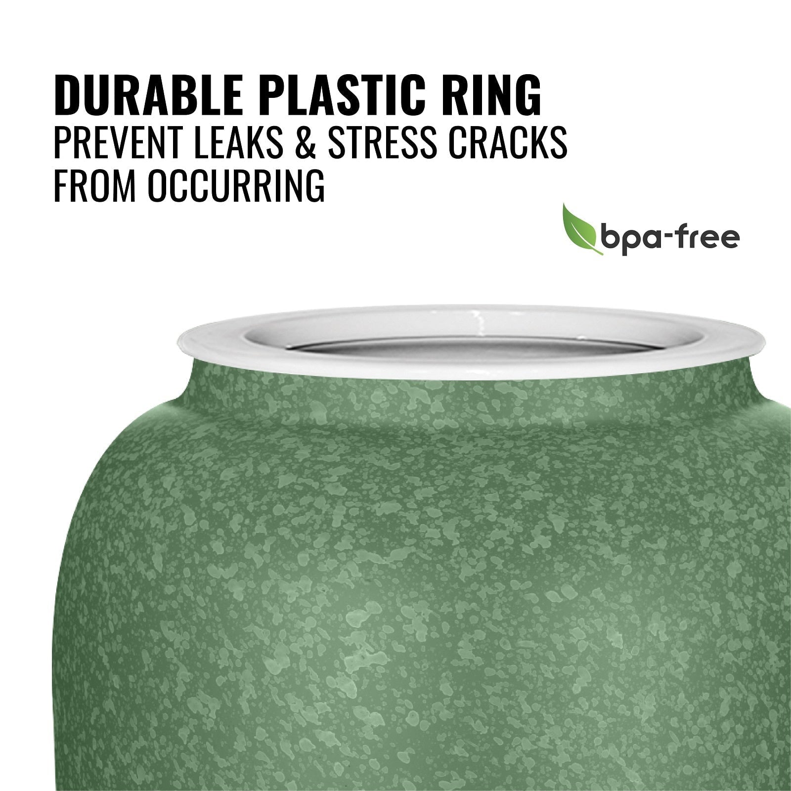 The GEO Porcelain Ceramic Crock Water Dispenser – Green Speckled features a white, durable plastic ring to prevent leaks and stress cracks. A BPA-free label with a green leaf symbol is also displayed.