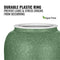 The GEO Porcelain Ceramic Crock Water Dispenser in green speckled features a white plastic ring to prevent leaks and stress cracks. BPA-free logo with green leaf shown.