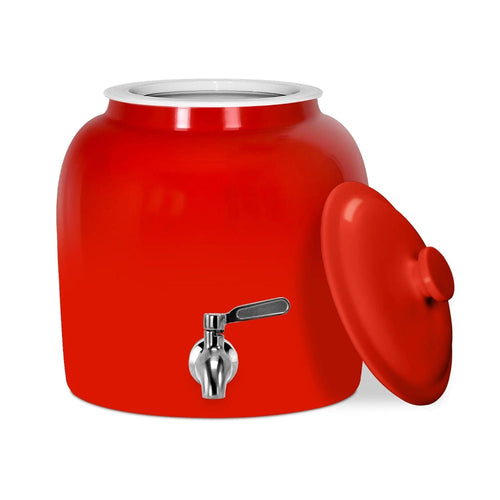 The GEO Porcelain Ceramic Crock Water Dispenser in red is a stylish, BPA-free 5-gallon ceramic crock with a matching lid set aside and a silver spigot on the front—perfect for both functionality and décor.