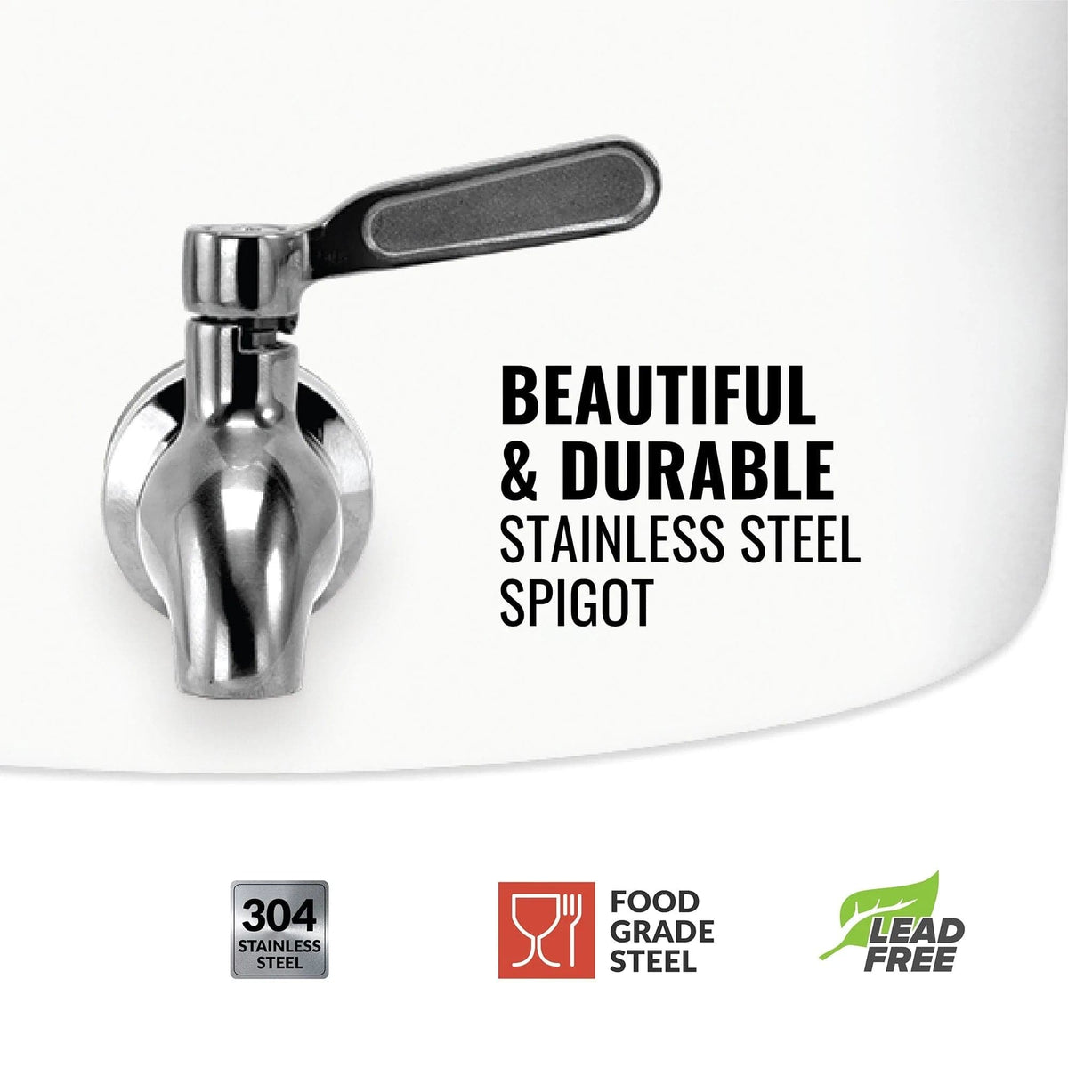 A 304 stainless steel spigot is attached to the white GEO Porcelain Ceramic Crock Water Dispenser, with bold text “Beautiful & Durable Stainless Steel Spigot.” Icons show food grade, BPA-free, and lead-free.