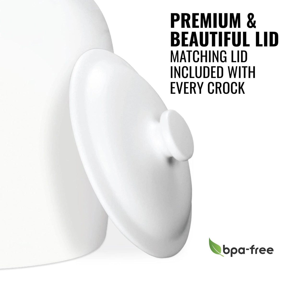 The GEO Porcelain Ceramic Crock Water Dispenser – White features a matching detachable lid. Text reads: "Premium & Beautiful Lid. Matching lid included with every water dispenser." BPA-free with green leaf symbol shown.