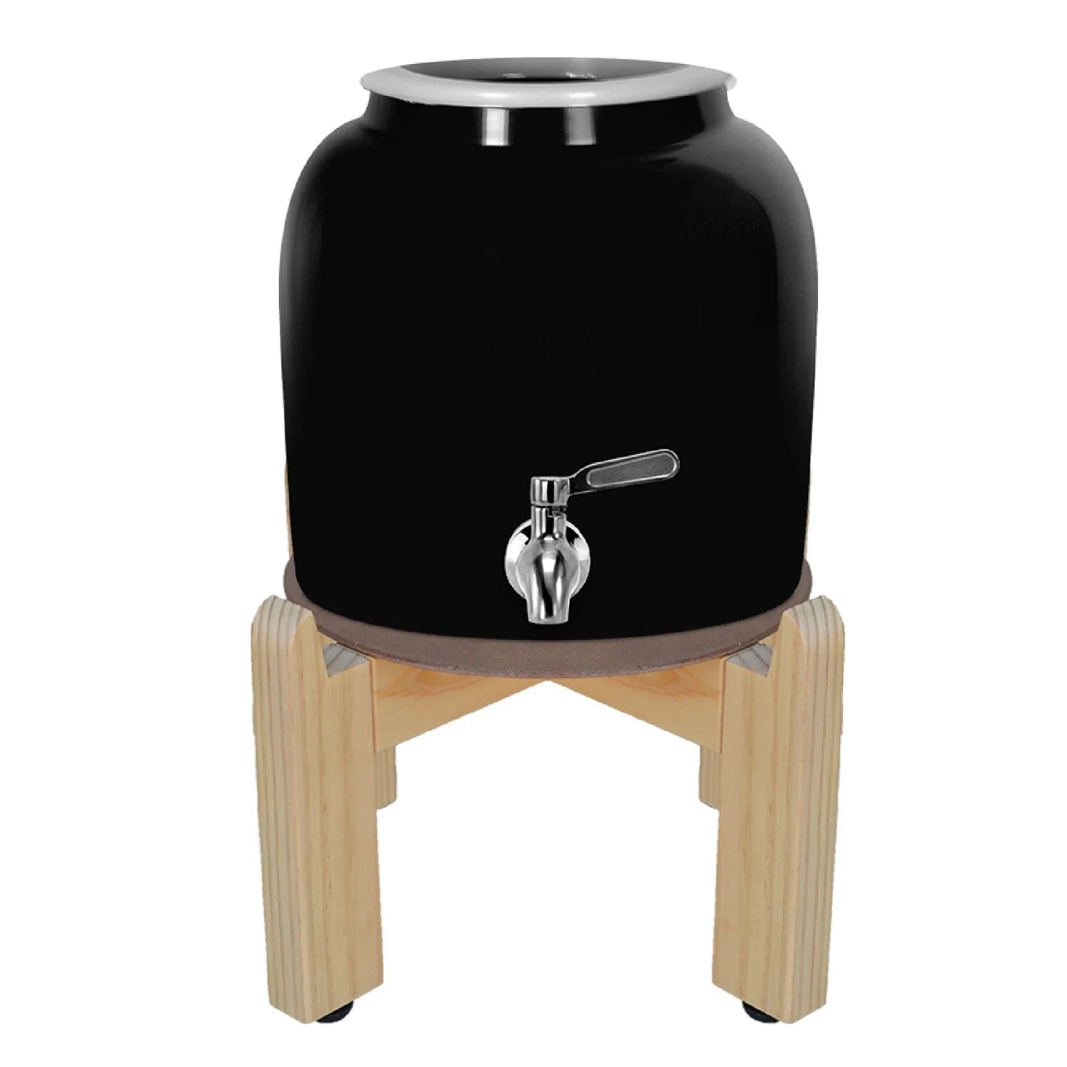 The GEO Porcelain Ceramic Crock Water Dispenser w/ Stand – Black features a BPA-free, wide, round design with a silver spigot and sits on a four-legged wooden stand for safe, stylish hydration.