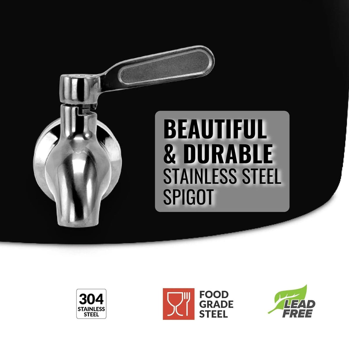 The GEO Porcelain Ceramic Crock Water Dispenser w/ Stand - Black features a 304 food-grade, lead-free, BPA-free stainless steel spigot. Text reads: Beautiful & Durable Stainless Steel Spigot. Icons show safety and quality features.