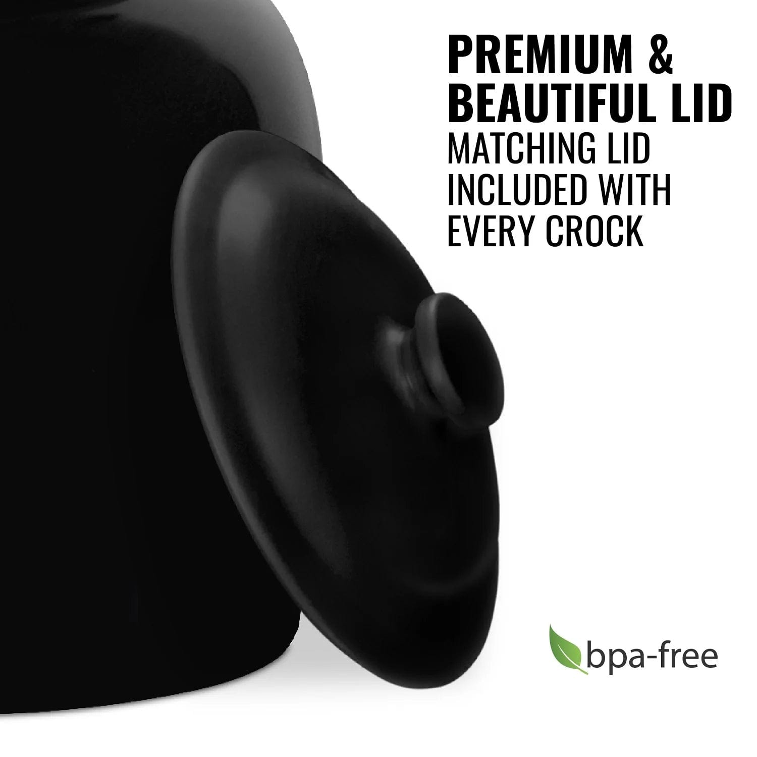 The GEO Porcelain Ceramic Crock Water Dispenser w/ Stand in matte black is shown with its matching lid. Text reads, “Premium & Beautiful Lid – Matching lid included with every crock.” A green BPA-free label with a leaf icon is at the bottom right.