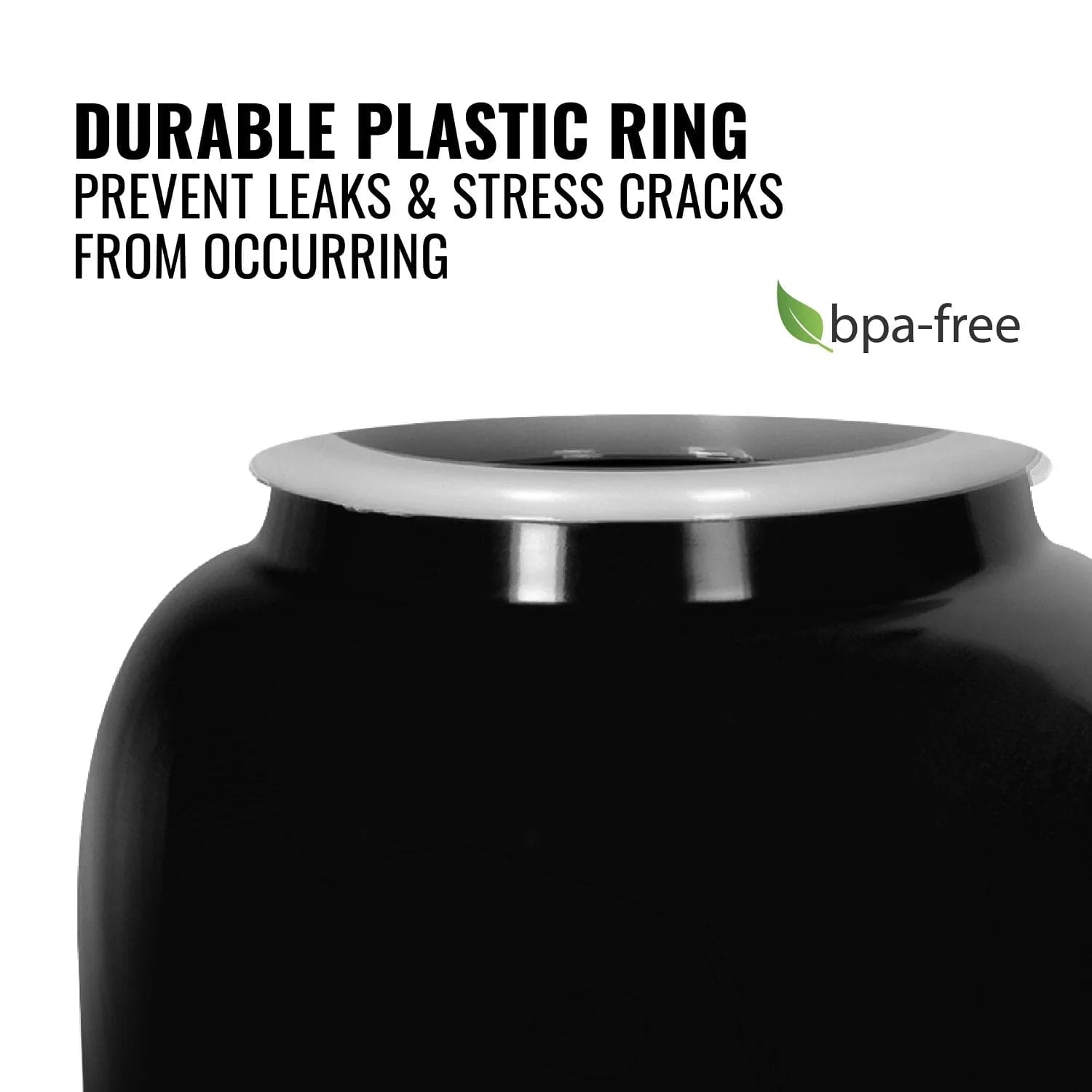 Close-up of the GEO Porcelain Ceramic Crock Water Dispenser w/ Stand – Black, featuring a white, leak-proof BPA-free ring with a green leaf label—ideal for use with your ceramic crock or wooden stand.