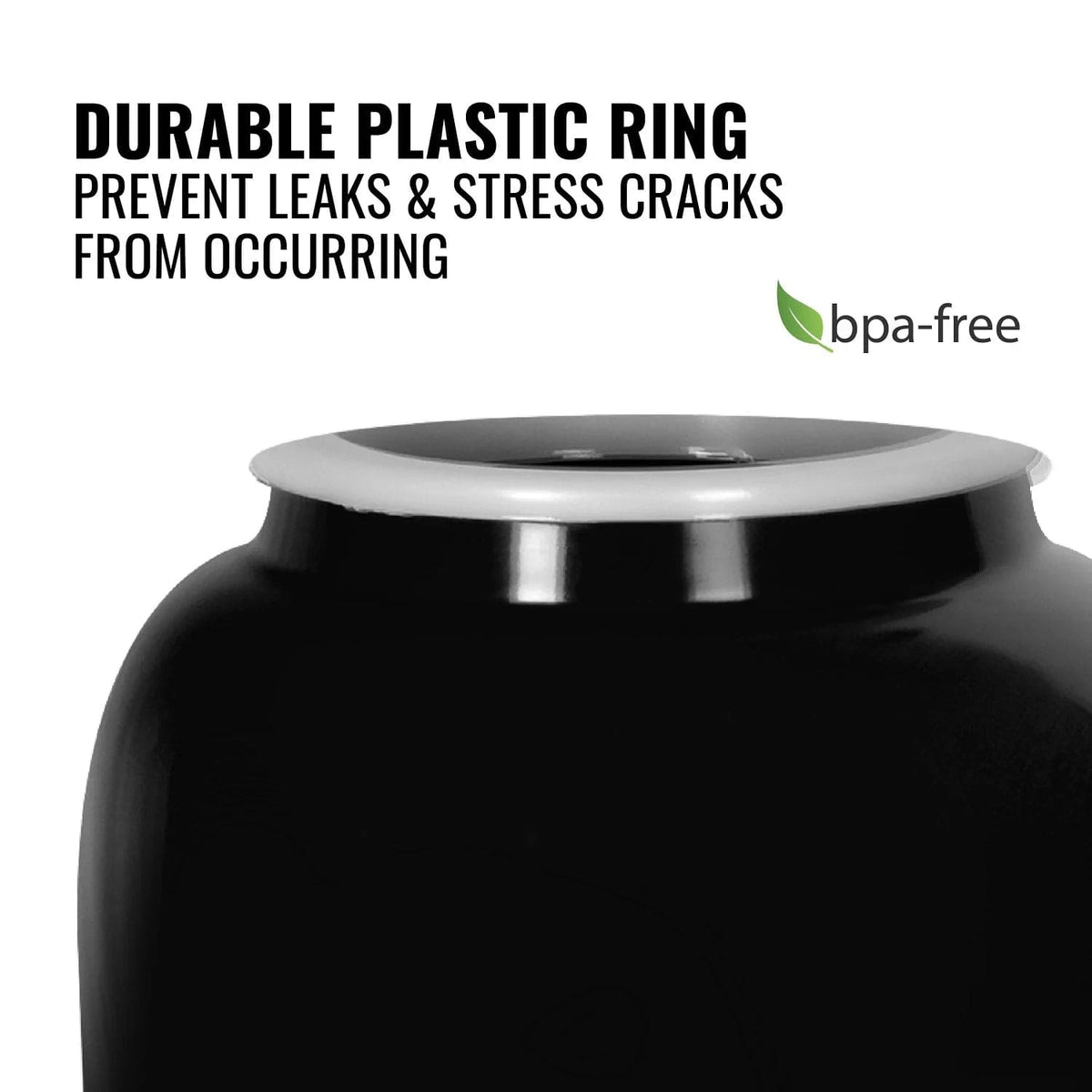 Close-up of the GEO Porcelain Ceramic Crock Water Dispenser w/ Stand - Black featuring a durable, BPA-free white plastic ring that prevents leaks and stress cracks. A BPA-free label with a green leaf is visible. Ideal for use with ceramic crock or wooden stand.