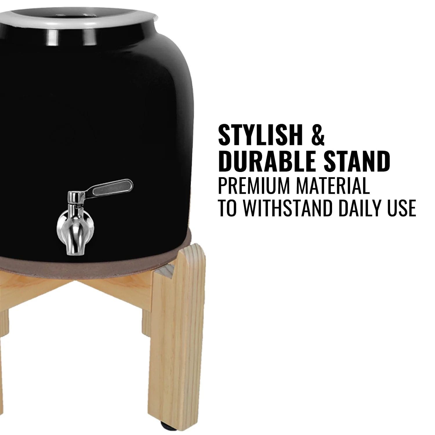 The GEO Porcelain Ceramic Crock Water Dispenser in black features a silver spigot and sits on a stylish, durable light wooden stand. Made from premium, BPA-free materials designed for daily use.