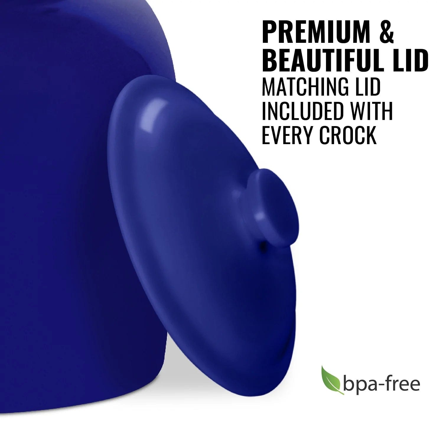 A close-up of the GEO Porcelain Ceramic Crock Water Dispenser w/ Stand – Blue, featuring its matching BPA-free lid (included). A green leaf label and wooden stand are also shown. Text reads: Premium & beautiful matching lid.
