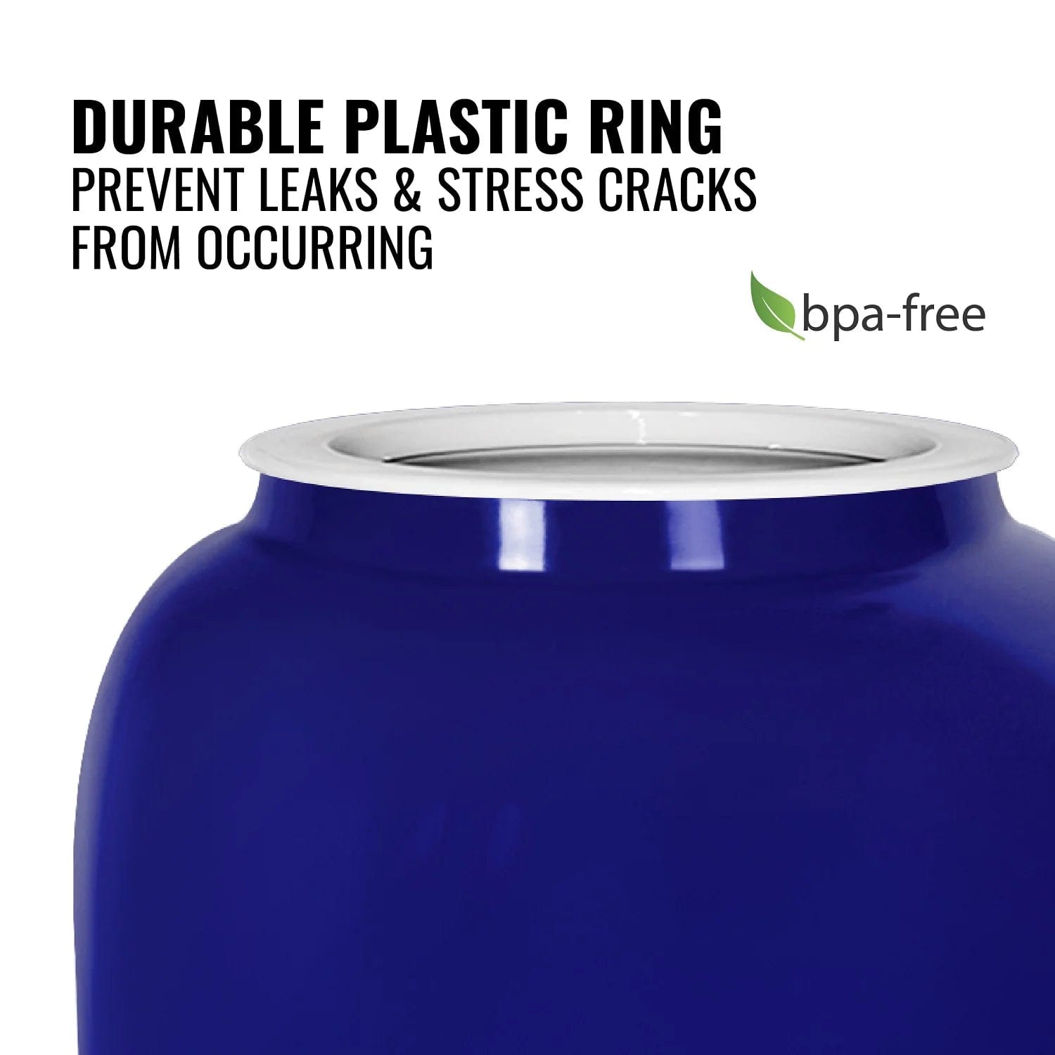 A close-up of the GEO Porcelain Ceramic Crock Water Dispenser w/ Stand in blue, featuring a white BPA-free plastic ring that prevents leaks and cracks. A green leaf BPA-free label is also visible.