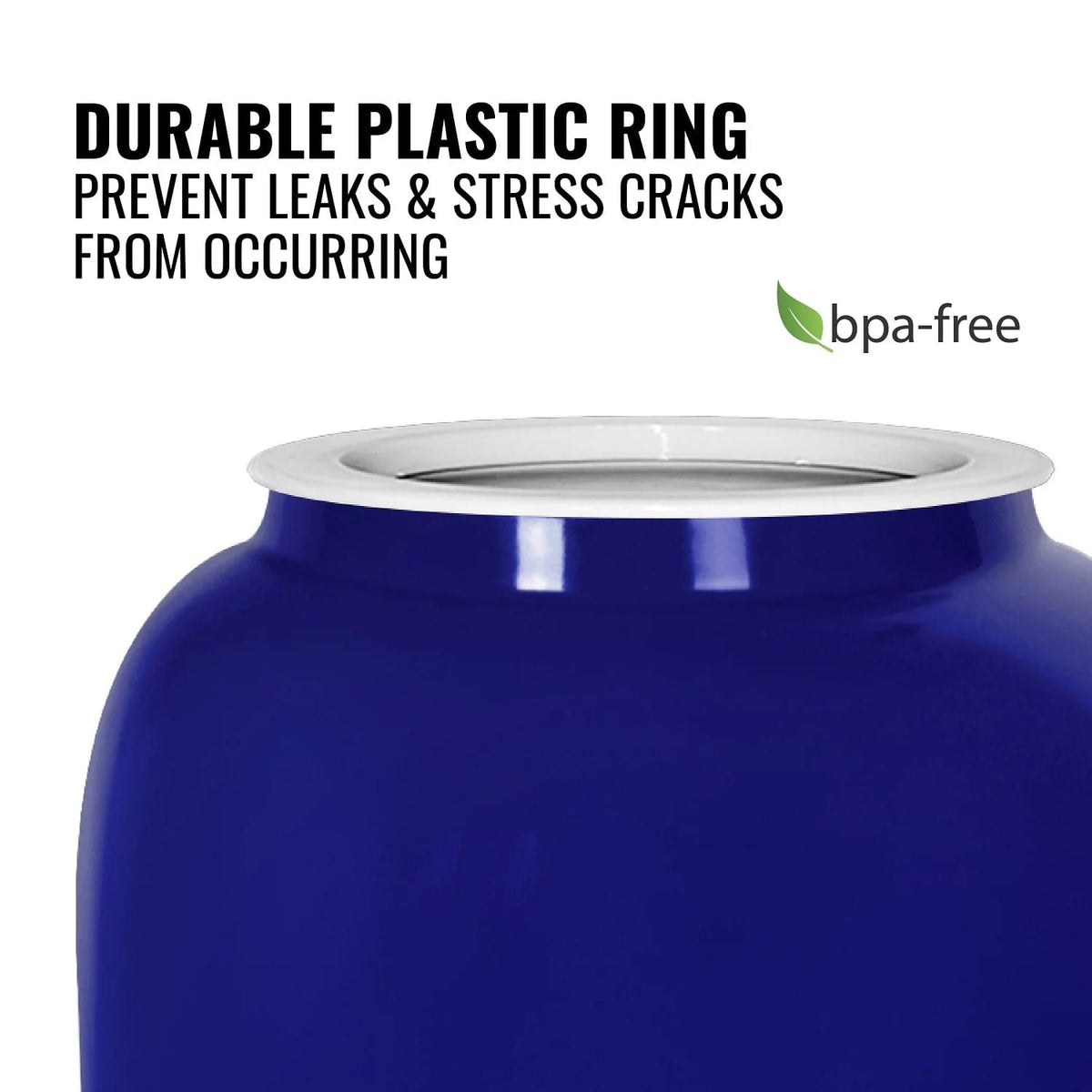 A close-up of the GEO Porcelain Ceramic Crock Water Dispenser w/ Stand - Blue shows a white plastic ring at the opening. Text: Durable plastic ring prevents leaks & stress cracks. Includes green BPA-free icon.