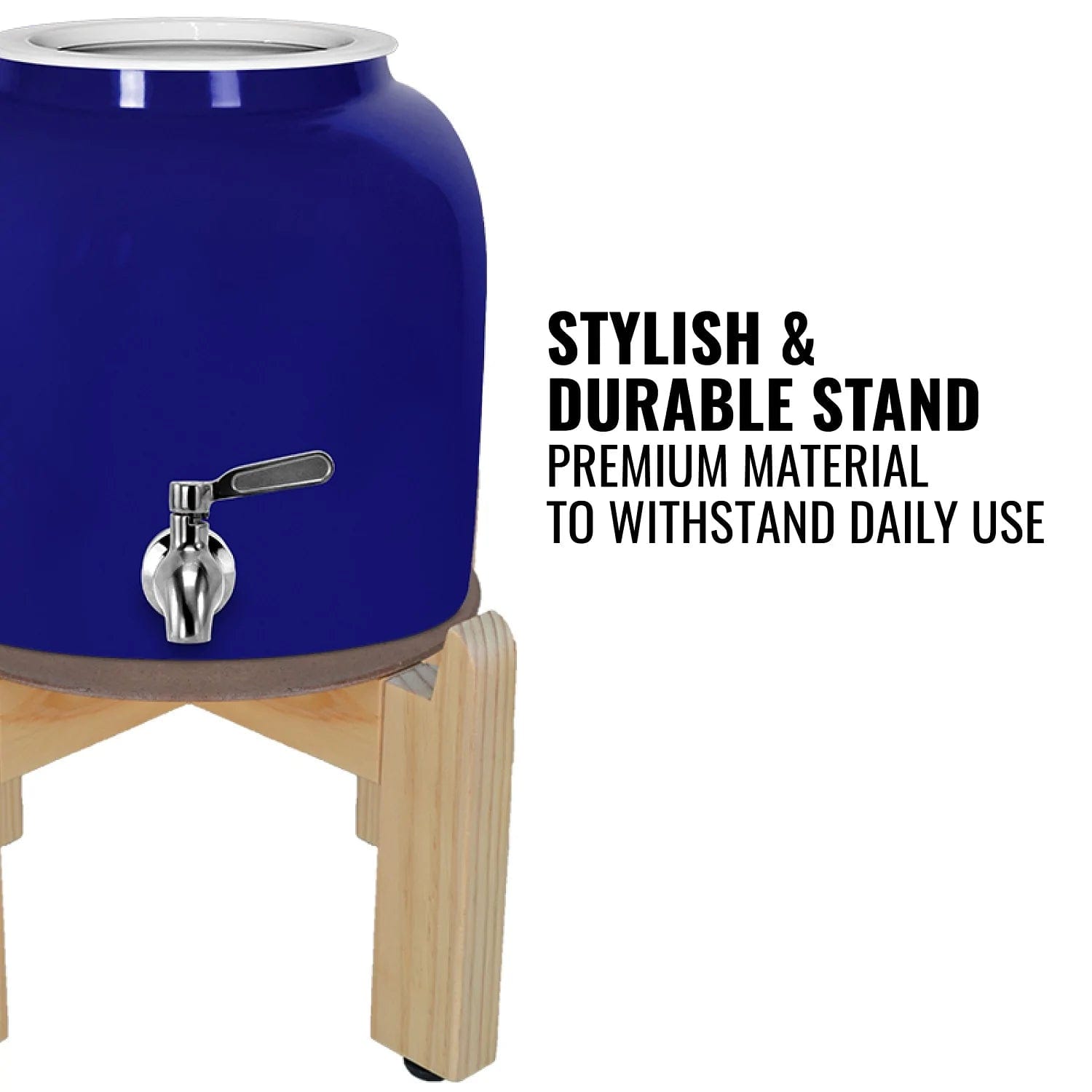 The GEO Porcelain Ceramic Crock Water Dispenser w/ Stand – Blue features a BPA-free ceramic design, a silver spigot, and a sturdy wooden stand. Text beside it reads: “Stylish & durable stand. Premium material to withstand daily use.”.