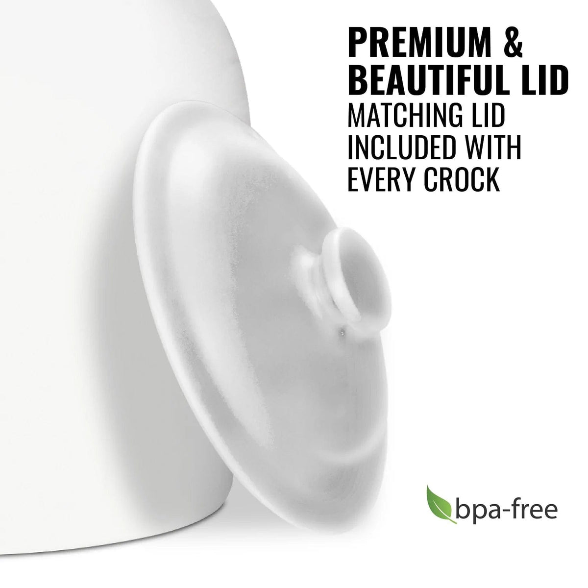The GEO Porcelain Ceramic Crock Water Dispenser w/ Stand - White is shown with a matching lid. Black text reads, "Premium & Beautiful Lid, Matching Lid Included With Every Crock." A green BPA-free leaf icon appears in the bottom right.