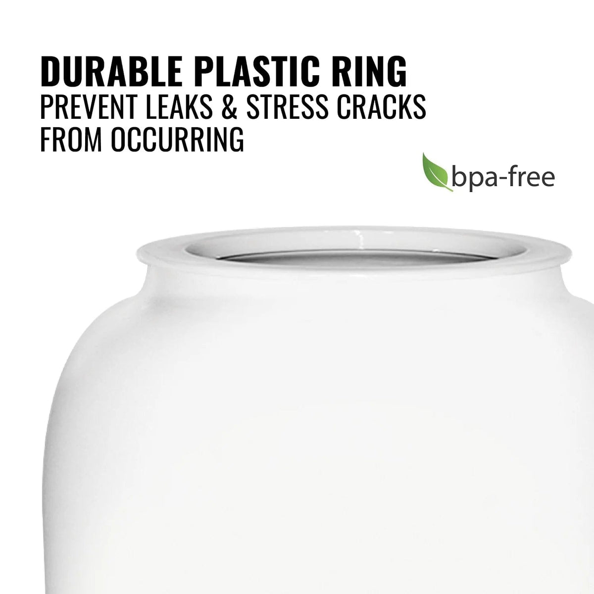 Close-up of the top opening of the GEO Porcelain Ceramic Crock Water Dispenser w/ Stand - White, featuring a durable plastic BPA-free ring to prevent leaks and stress cracks—ideal for use with wooden stands or ceramic crocks.