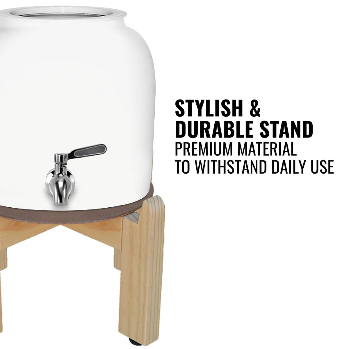 The GEO Porcelain Ceramic Crock Water Dispenser w/ Stand - White features a silver spigot and a light wooden stand. Premium, BPA-free porcelain ensures durability and daily use. "Stylish & durable wooden stand" text appears beside the dispenser.