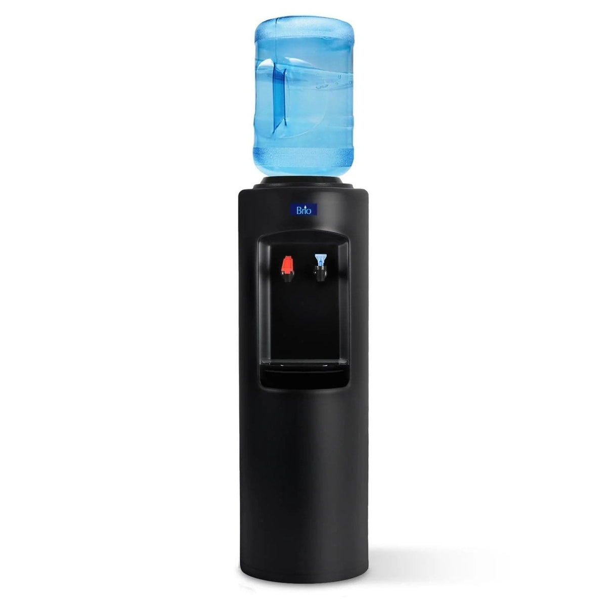 Introducing the Hot & Cold Top Load Water Cooler - 520 Series, a sleek black dispenser designed for use with a large blue water jug on top. This model features distinct red and blue spouts for easy hot and cold water dispensing, and is equipped with Stainless Steel Reservoirs to ensure lasting durability and purity.