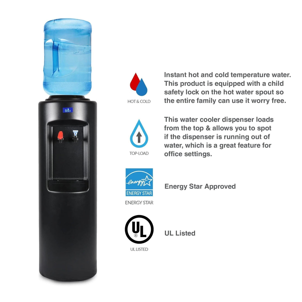 The Hot & Cold Top Load Water Cooler - 520 Series is displayed in black with a blue water jug on top, alongside icons and text emphasizing its hot and cold water dispenser features, durable stainless steel reservoirs for enhanced purity, child safety lock, Energy Star certification, and UL listing.