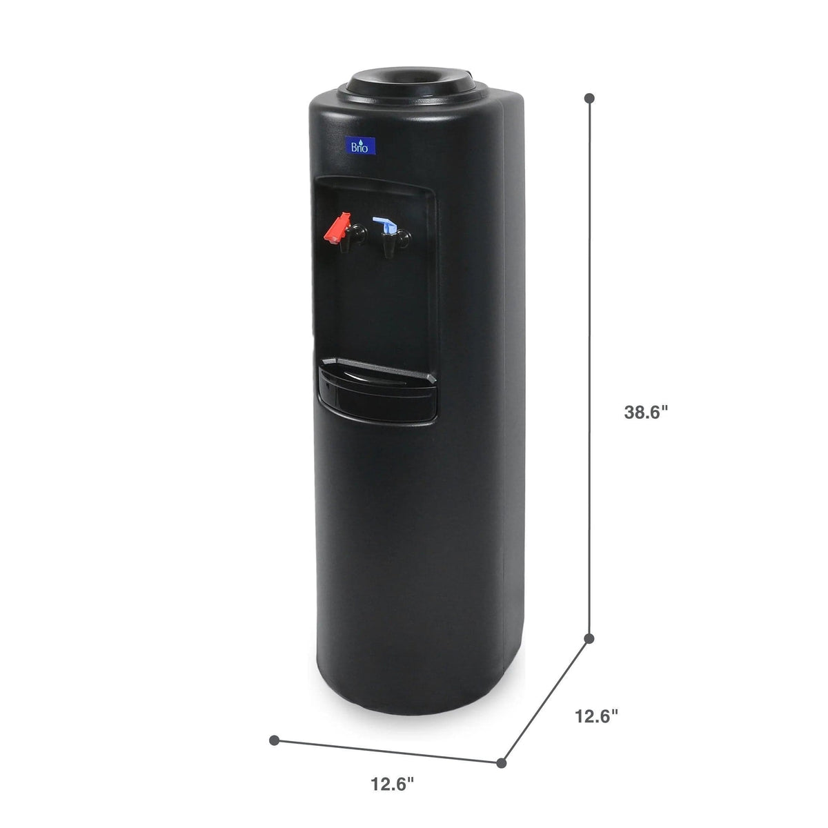 Introducing the Hot & Cold Top Load Water Cooler - 520 Series: a sleek black, cylindrical water dispenser featuring both hot and cold taps. Measuring 38.6 inches in height and 12.6 inches in width and depth, this model includes a convenient cup dispenser area and durable stainless steel reservoirs to ensure clean water storage.