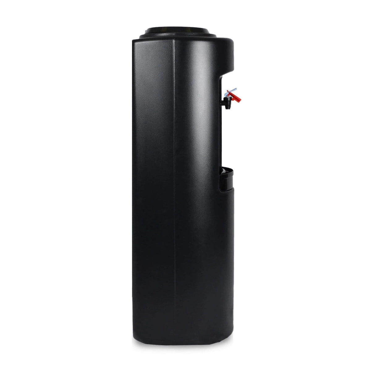The Hot & Cold Top Load Water Cooler - 520 Series is shown from the side, featuring a sleek black finish with a small spout equipped with a red lever and a drip tray beneath. Its vertical, cylindrical design is complemented by durable stainless steel reservoirs, providing efficient hot and cold water temperature control in a modern silhouette.