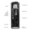 Back view of the Hot & Cold Top Load Water Cooler - 520 Series, with labeled internal parts including radiator, fuse, compressor, power cord, cold and hot water tanks with stainless steel reservoirs, cold water temperature control, hot water drain, and system specifications.