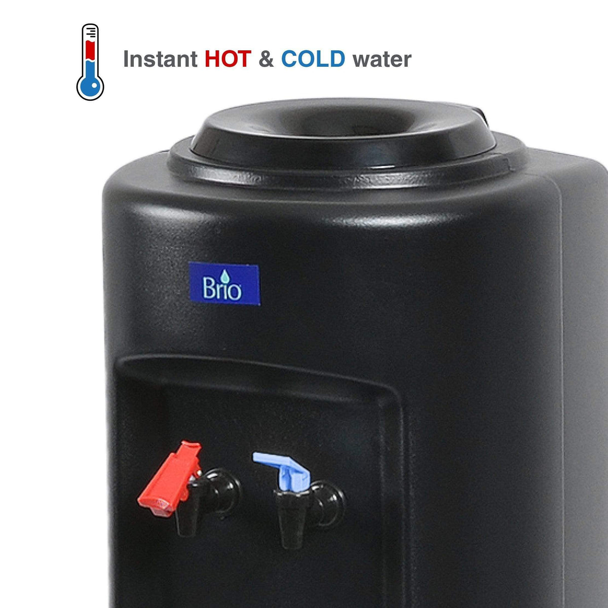 Hot & Cold Top Load Water Cooler - 520 Series with two taps: a red tap for hot water and a blue tap for cold water. Text above reads, Instant HOT & COLD water with a thermometer icon. This Hot and Cold Water Dispenser features durable stainless steel reservoirs for long-lasting use.