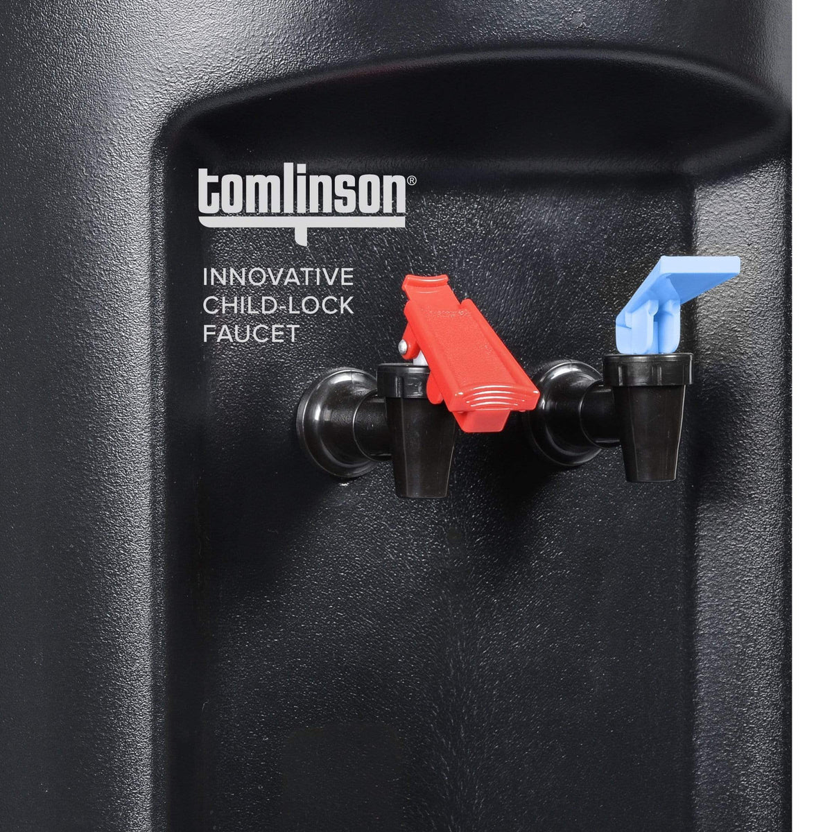 Close-up of two water dispenser taps—one red with a child-lock and one blue—on a black surface. Text reads: tomlinson INNOVATIVE CHILD-LOCK FAUCET, ideal for use with the Hot & Cold Top Load Water Cooler – 520 Series and other hot and cold water dispensers with stainless steel reservoirs.