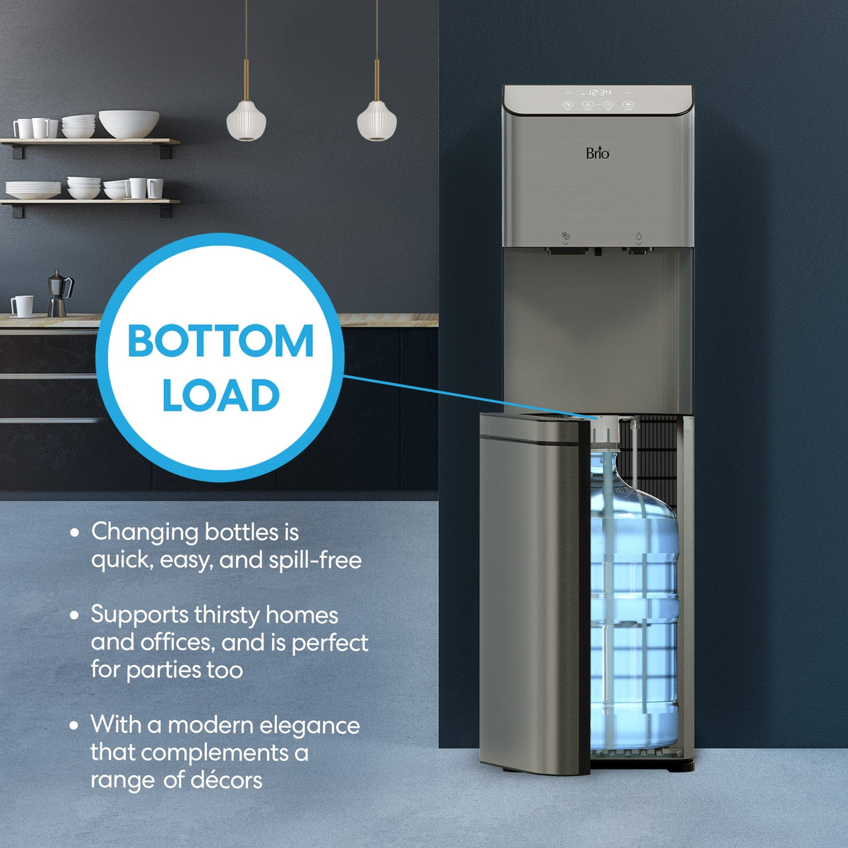 The Bottom Load Bullet Ice & Hot/Cold Water Stainless Steel Dispenser - Moderna 720 Ice features a convenient bottom-load design with an open lower door revealing the water bottle inside. Its modern style complements any décor, making it ideal for homes and offices. Easy bottle changes and an optional bullet ice dispenser provide added convenience, letting you enjoy refreshing beverages anytime.