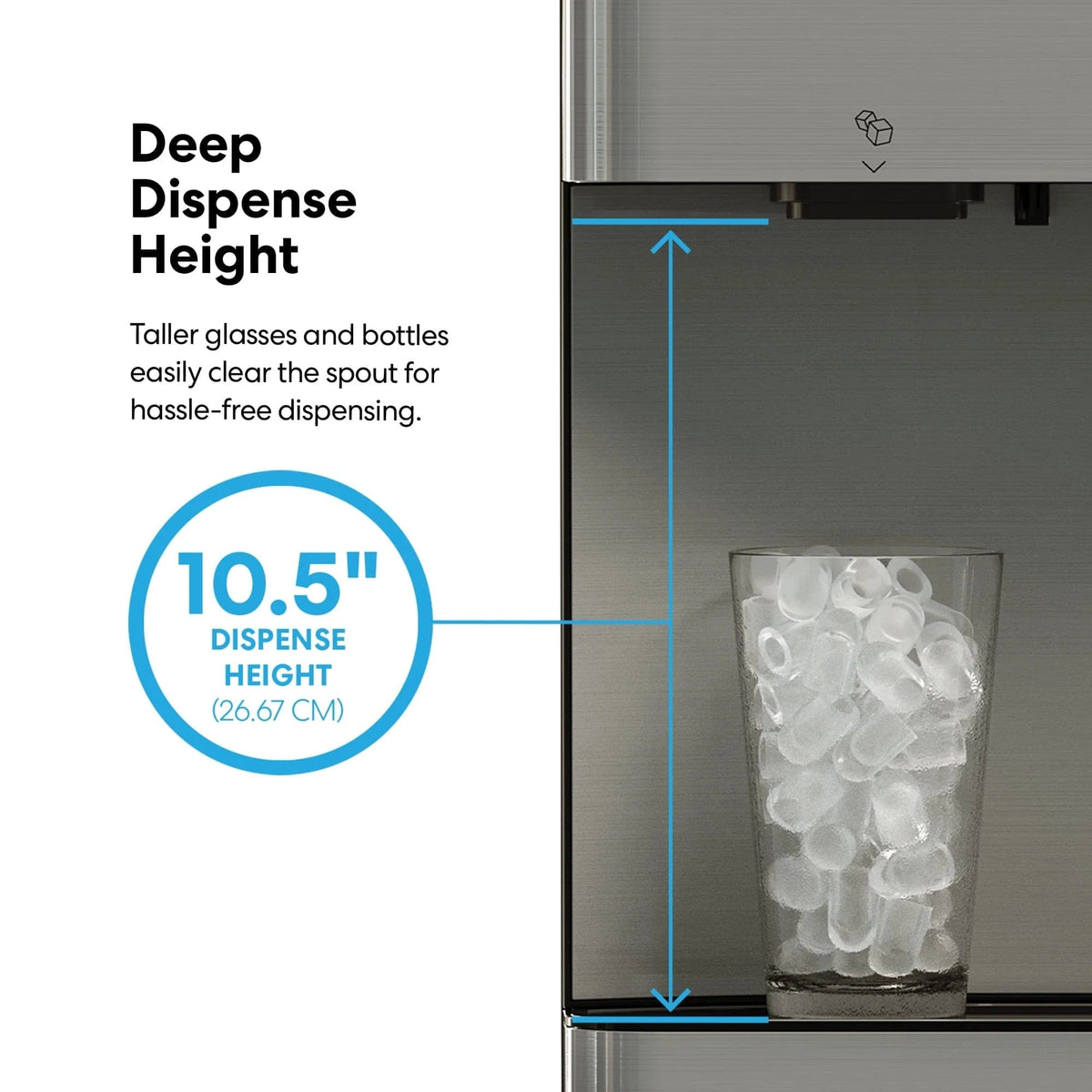 A Bottom Load Bullet Ice & Hot/Cold Water Stainless Steel Dispenser - Moderna 720 Ice with a glass filled with ice beneath the spout, featuring a 10.5-inch (26.67 cm) dispense height to accommodate taller glasses and bottles—offering convenient access similar to that of a refrigerator ice dispenser.