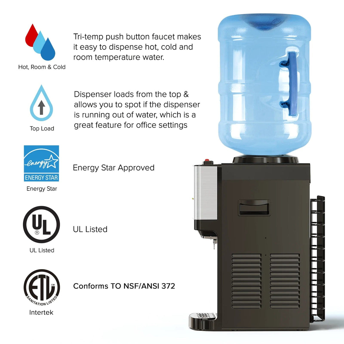 The Countertop Top Load Water Cooler - 520 Series features a sleek black design with a large blue water jug on top, making it ideal for convenient countertop use. Key features include tri-temperature faucet controls for hot, cold, and room temperature water, durable stainless steel construction, top loading functionality, and certifications such as Energy Star approval, UL listing, and NSF/ANSI 372 compliance. Icons display the options for customizable refreshment at your fingertips.