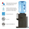 The Countertop Top Load Water Cooler - 520 Series features a sleek black design with a large blue water jug on top, making it ideal for convenient countertop use. Key features include tri-temperature faucet controls for hot, cold, and room temperature water, durable stainless steel construction, top loading functionality, and certifications such as Energy Star approval, UL listing, and NSF/ANSI 372 compliance. Icons display the options for customizable refreshment at your fingertips.