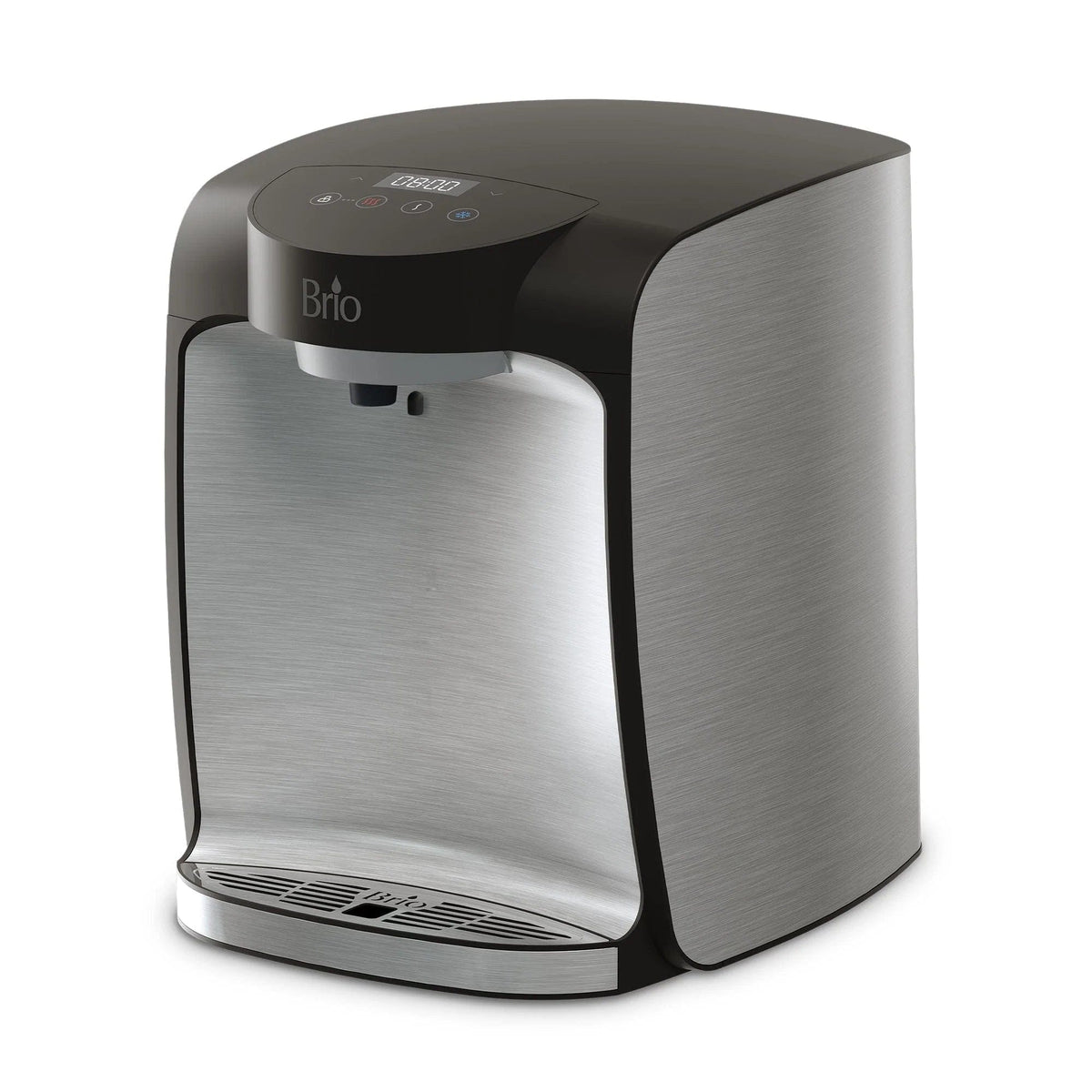 Introducing the Stainless Steel Bottleless Countertop Water Dispenser - Model 820, featuring a sleek stainless steel and black design with digital controls conveniently located on top. Branded by Brio, this dispenser offers a 2-stage filtration system for cleaner drinking water and includes a spout, drip tray, fast dispensing capabilities, and a minimalist aesthetic.