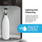 The Stainless Steel Bottleless Countertop Water Dispenser - Model 820 quickly fills a white bottle. Text reads, Lightning Fast Dispensing... can fill 28-ounce sports bottles and other large containers in less than 15 seconds with powerful fast dispensing. Features advanced 2-stage filtration for cleaner, fresher water. A Fast Dispense icon is displayed.