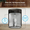 The Stainless Steel Bottleless Countertop Water Dispenser - Model 820 easily fills a glass, showcasing its generous 11-inch dispense height and compact 17.4-inch unit height. The text points out its capacity to accommodate large bottles and tall glasses, along with rapid dispensing and efficient two-stage filtration. The dispenser sits on a wooden surface with plants in the background.