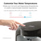 A hand adjusts the temperature settings on a Stainless Steel Bottleless Countertop Water Dispenser - Model 820. Text details customizable hot and cold water options with specified temperature ranges for each. Icons representing hot, room, and cold water highlight the advanced 2-stage filtration system and fast dispensing features.