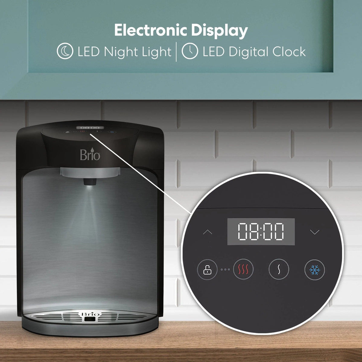A Brio Model 820 Stainless Steel Bottleless Countertop Water Dispenser features an electronic display with a digital clock set to 08:00, LED icons, and touch controls for selecting hot, cold, or room temperature water. The close-up view highlights the digital clock and illuminated indicators, while its 2-stage filtration system ensures every fast-dispensing pour is fresh and pure.