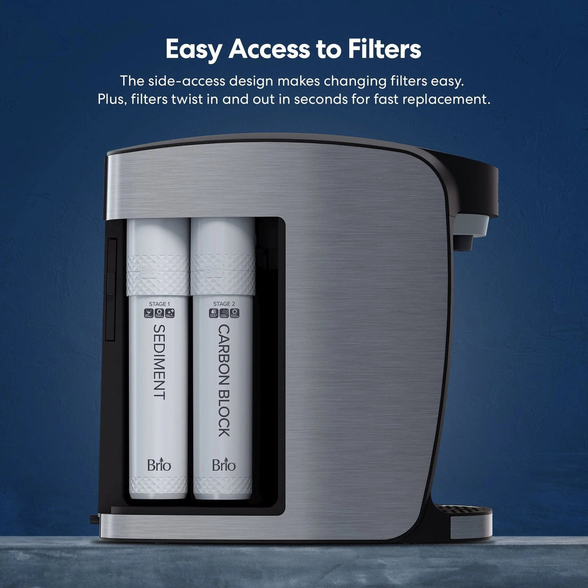 The Stainless Steel Bottleless Countertop Water Dispenser - Model 820 features an open side panel that reveals two filter cartridges labeled SEDIMENT and CARBON BLOCK, showcasing its 2-stage filtration system designed for easy filter access and replacement.