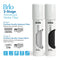 Two white Brio 2-Stage water filters labeled Sediment and Carbon are featured, demonstrating the advanced dual-stage filtration system that efficiently reduces particles and odors. Ideal for the Stainless Steel Bottleless Countertop Water Dispenser - Model 820, the display also highlights helpful icons and replacement guidelines to ensure fast dispensing of clean, fresh-tasting water.