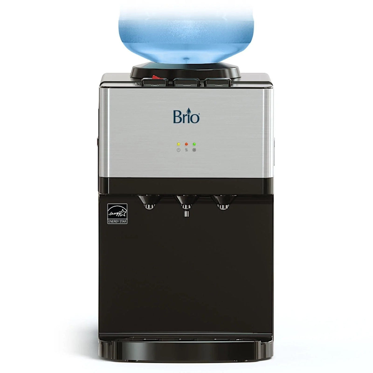 A Countertop Top Load Water Cooler - 520 Series with hot, cold, and room temperature spouts, tri-temperature controls, a blue water jug on top, and indicator lights on the front panel.