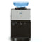 A Countertop Top Load Water Cooler - 520 Series with hot, cold, and room temperature spouts, tri-temperature controls, a blue water jug on top, and indicator lights on the front panel.