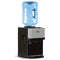 The Countertop Top Load Water Cooler - 520 Series features a sleek black and silver design with durable stainless steel construction, a large blue water jug on top, and easy-to-use buttons and taps for dispensing water at three different temperatures.